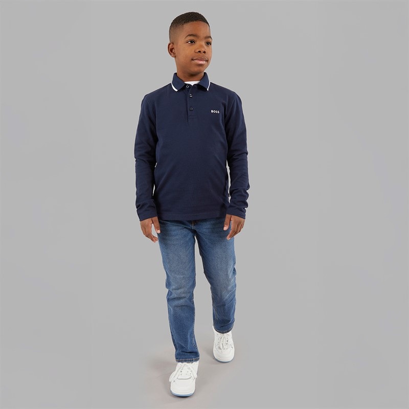 BOSS Boys Long Sleeve Polo Shirt Navy - Image 4