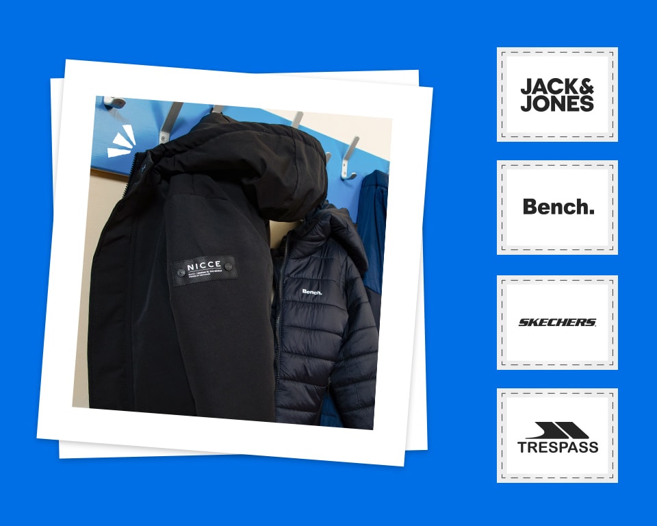 "Two black jackets hanging on a blue coat rack: a NICCE hooded jacket and a Bench puffer jacket. On the right, there's a list of brand logos which are: Jack & Jones, Bench, Skechers, Trespass"