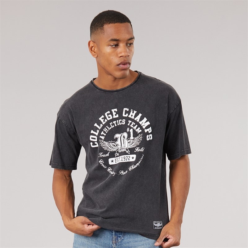 Brave Soul Mens Elsdon Relaxed Fit Crew Neck T-Shirt Dark Grey Acid Wash