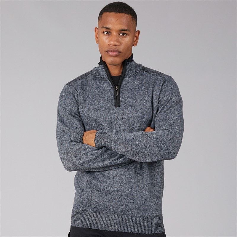 Brave Soul Mens Nadal Ribbed 1/4 Zip Jumper Black/White Twist