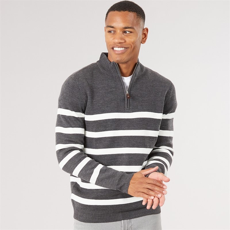 Brave Soul Mens Heathric Knitted 1/4 Zip Jumper Charcoal Marl/Ecru