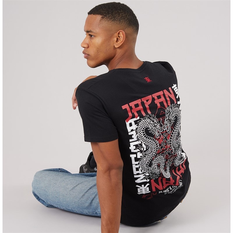 Brave Soul Mens Aichi Crew Neck Short Sleeve T-Shirt Jet Black/Multi Colour Print