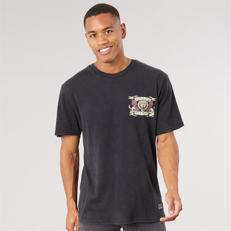 Brave Soul Mens Molloy Relaxed Fit Crew Neck T-Shirt Black Acid Wash/Multi Colour Print