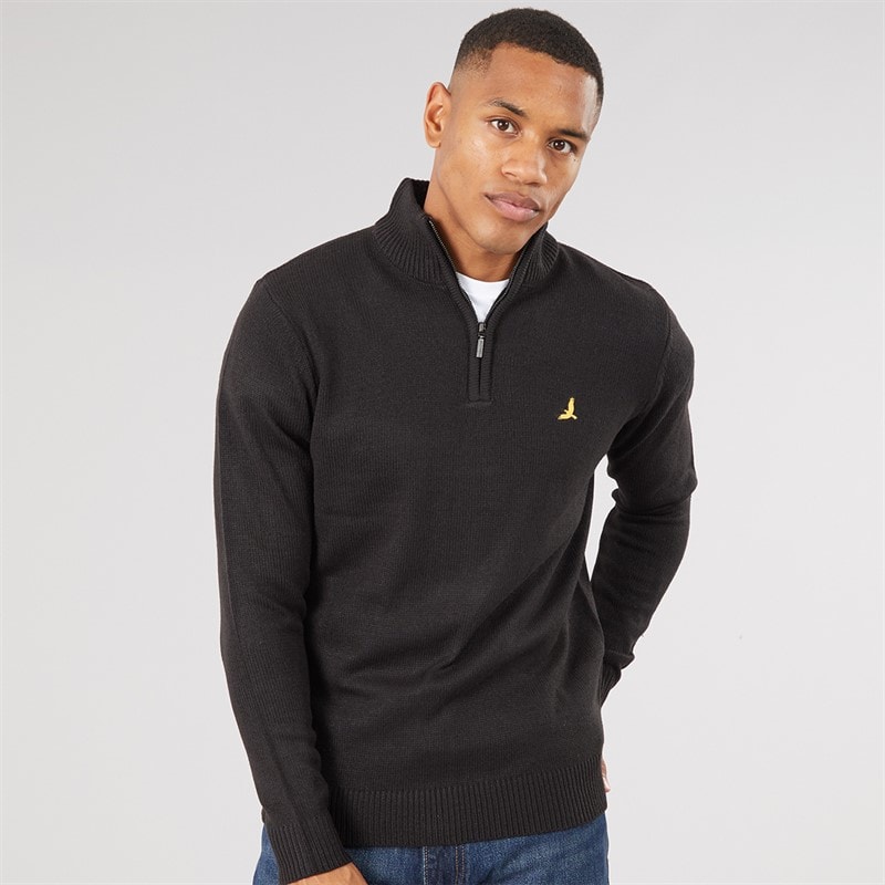 Brave Soul Mens Bremner Quarter Zip Funnel Neck Sweater Jet Black/Dark Charcoal Marl