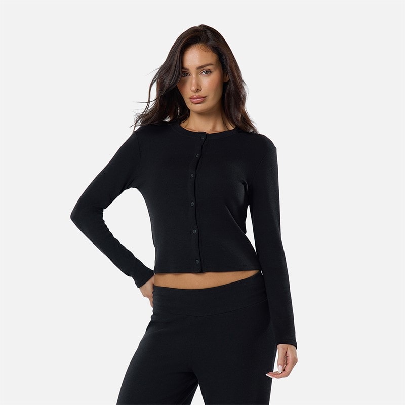 Closure London Womens Ribbed Button Up Top Black