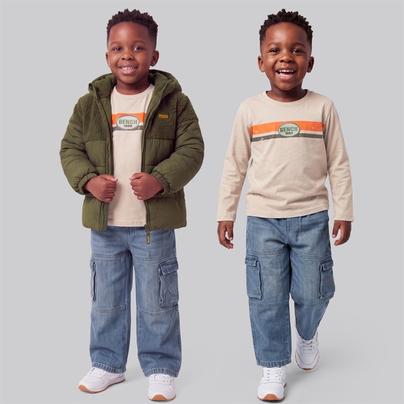 Bench Boys Hooded Jacket Cargo Jeans And T-Shirt Set Green