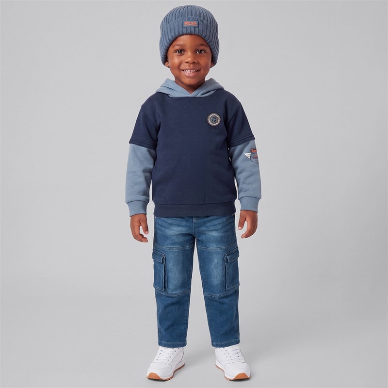 Bench Boys Hooded Sweatshirt Jeans And Beanie Set Blue