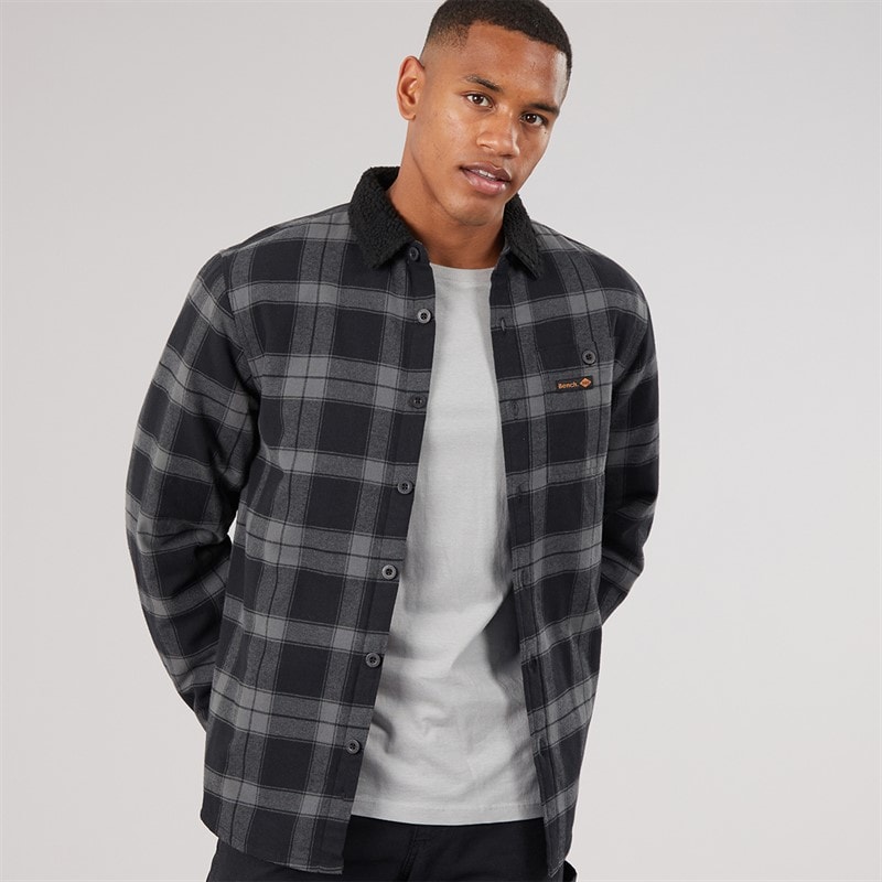 Bench Mens Zyren Padded Check Flannel Overshirt Black/Dark Grey Check