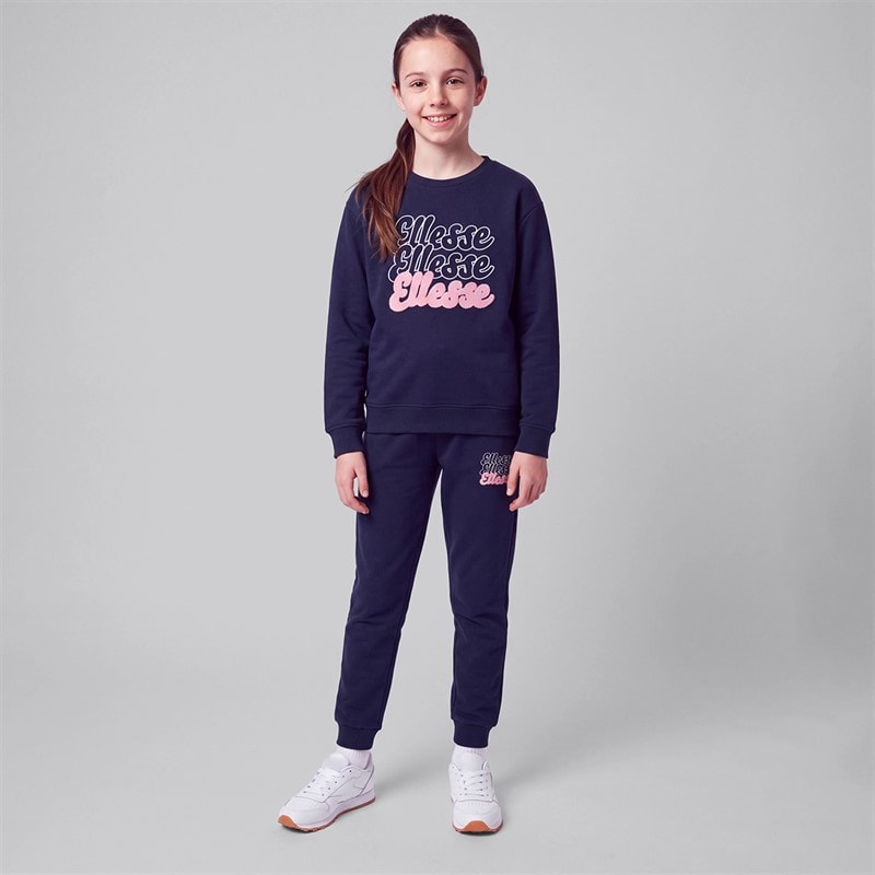 Ellesse Junior Girls Mazzi Bubble Print Logo Sweatshirt And Joggers Set Navy