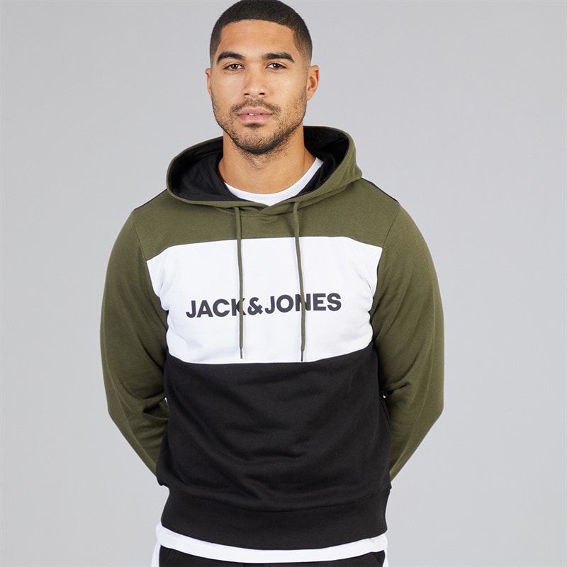 JACK & JONES Mens Logo Blocking Hoodie Forest Night