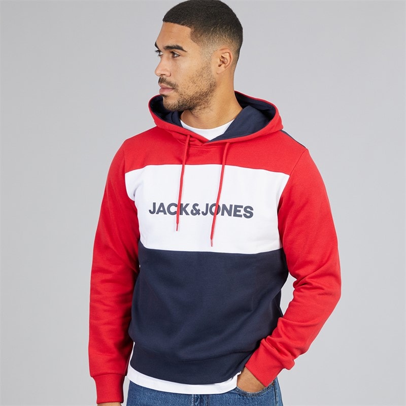JACK & JONES Mens Logo Blocking Hoodie Tango Red