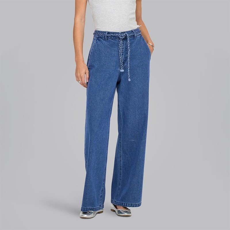 Only Womens Arlene Braid Wide Leg Jeans Medium Blue Denim
