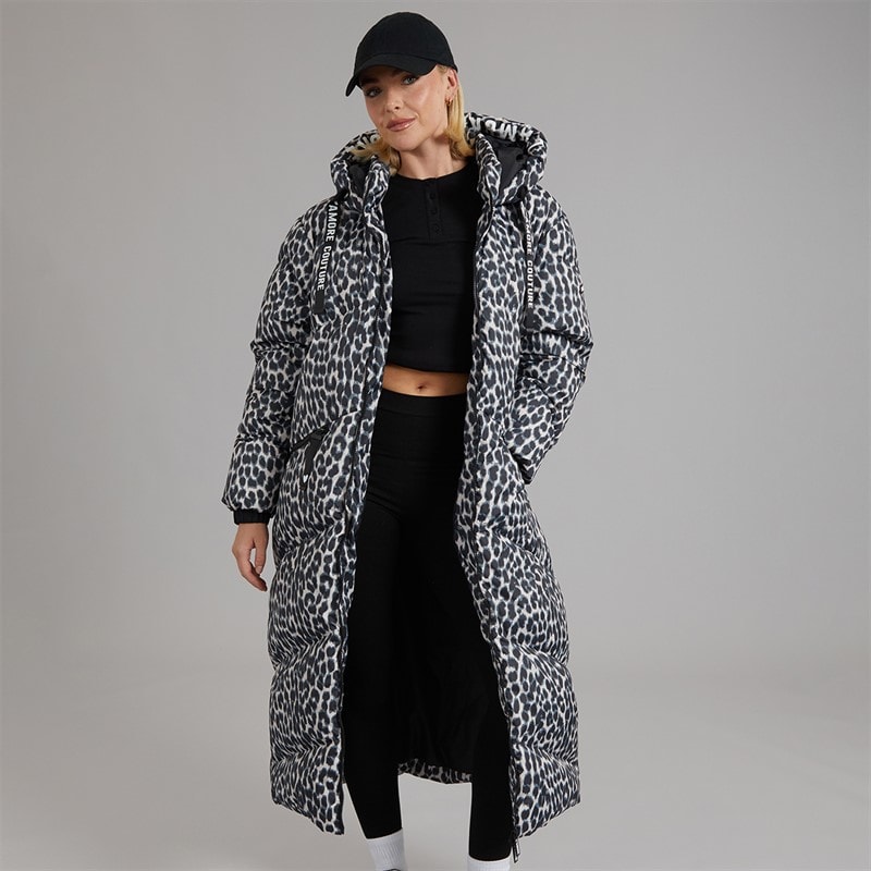 L'amore Couture Womens Thea Long Waterproof Jacket Leopard