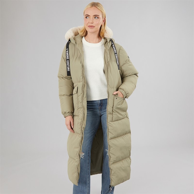 L'amore Couture Womens Iris Long Puffer Coat Khaki