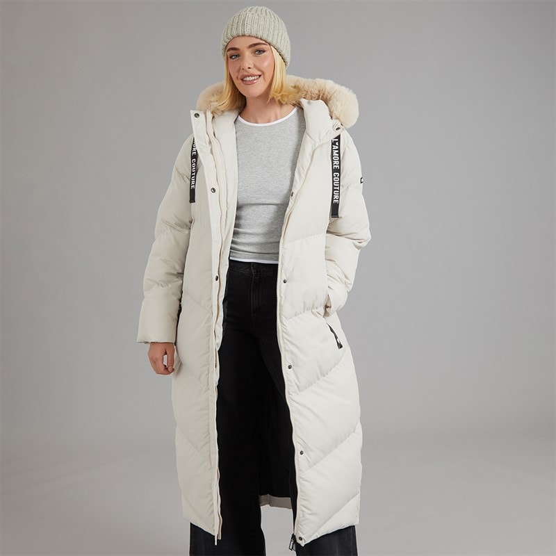L'amore Couture Womens Madison Long Puffer Coat Stone