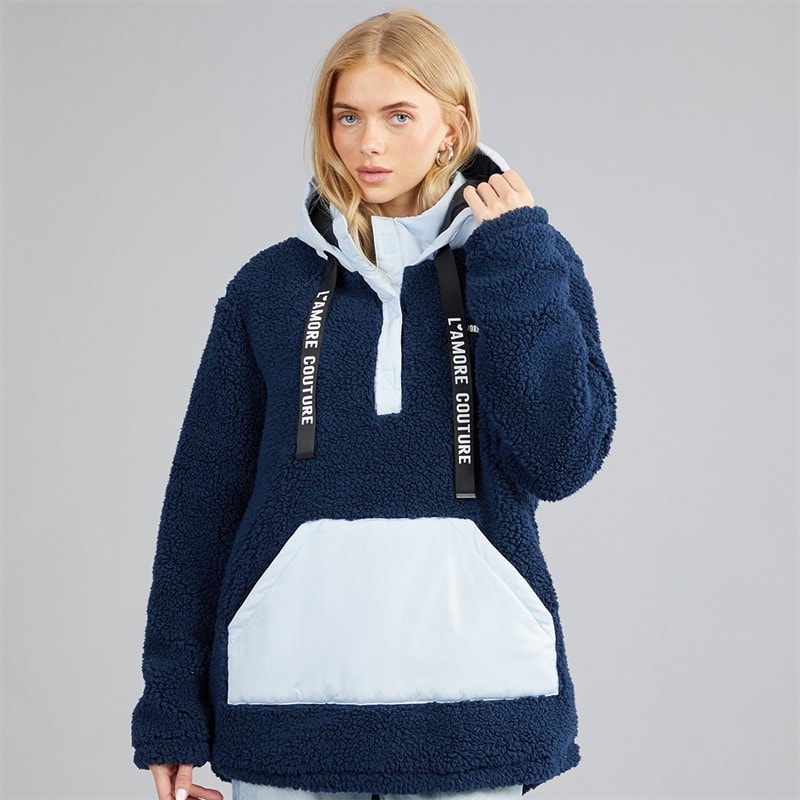 L'amore Couture Womens Nebraska Borg Hooded Jacket Navy/Pale Blue