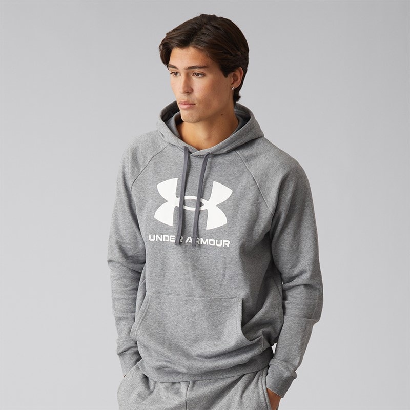 Under Armour Mens UA Rival Fleece Logo Hoodie Castlerock Light Hearther/White