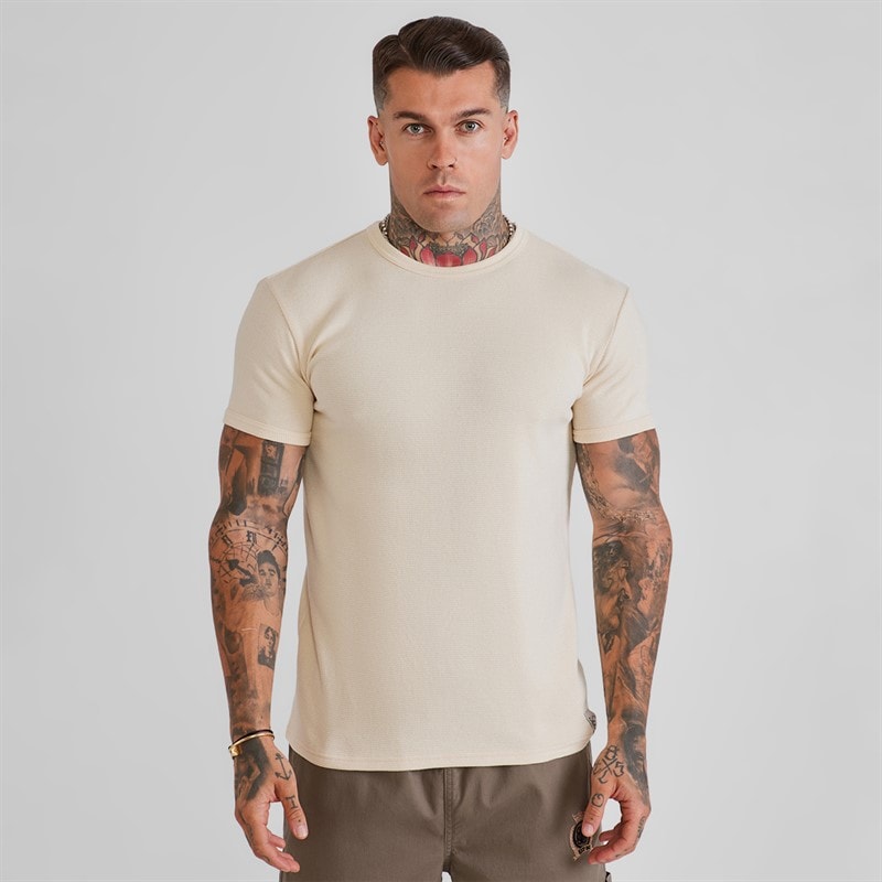SikSilk Mens Waffle Muscle Fit T-Shirt Ecru