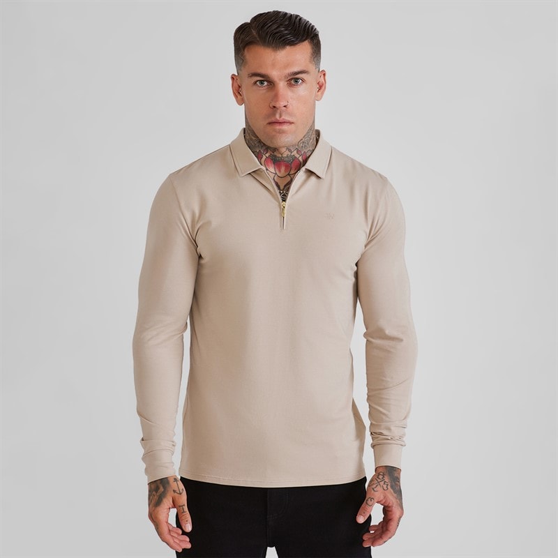 SikSilk Mens Long Sleeve Zip Polo Shirt Beige