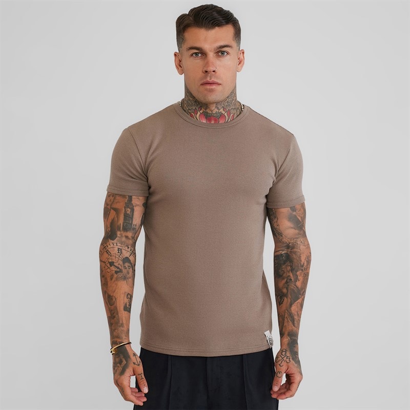 SikSilk Mens Waffle Muscle Fit T-Shirt Brown