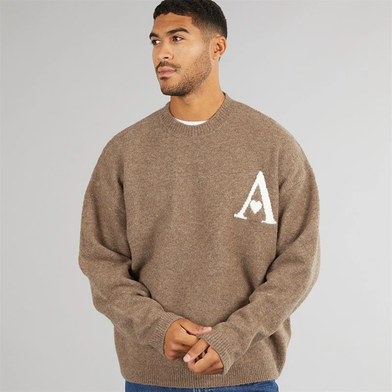 Avant Garde Mens Hearts Knitted Crew Neck Jumper Mink