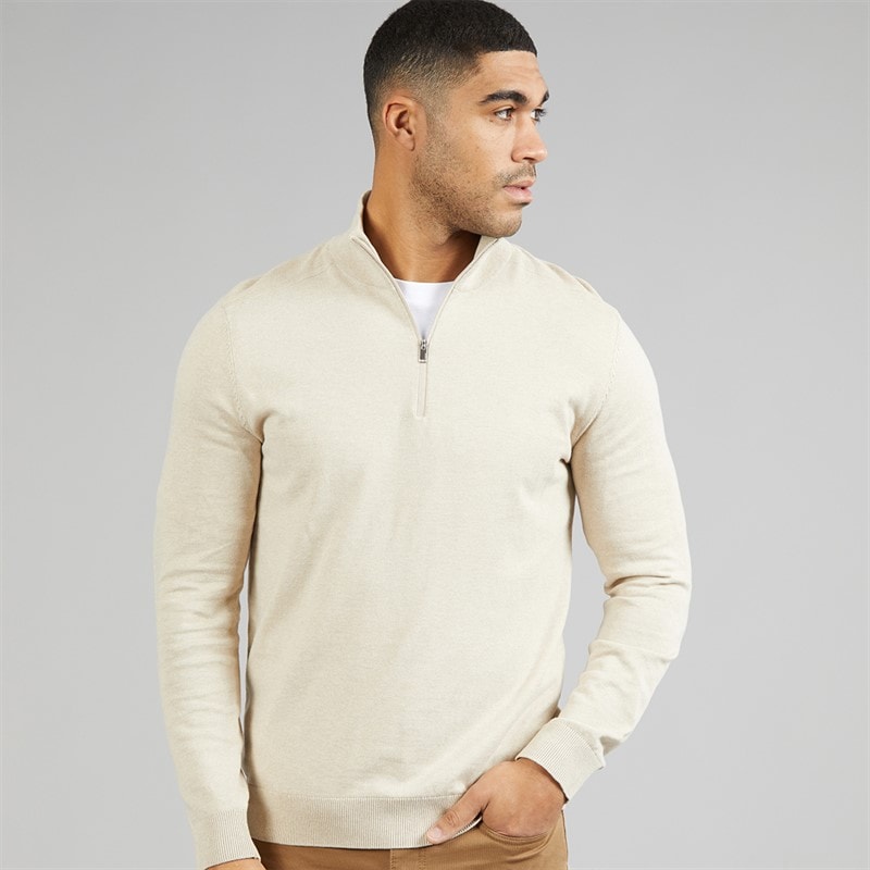 Selected Mens 1/4 Zip Knit Jumper Oatmeal