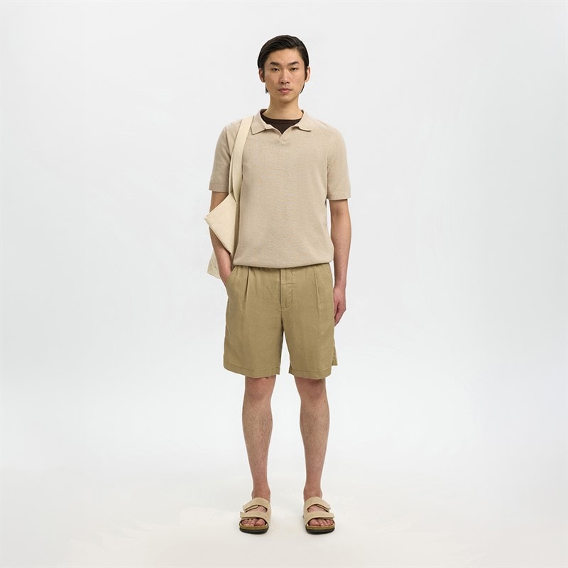 Selected Mens Mattis Linen Blend Open Polo Shirt Oatmeal