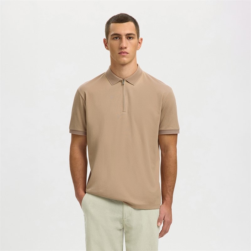 Selected Mens Fave Zip Polo Shirt Savannah Tan