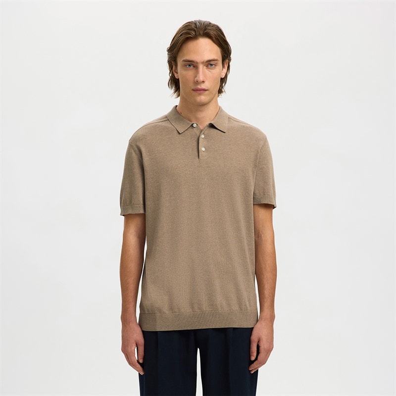 Selected Mens Berg Knit Polo Shirt Savannah Tan