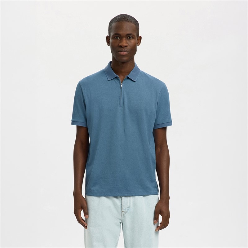 Selected Mens Fave Zip Polo Shirt Blue Mirage
