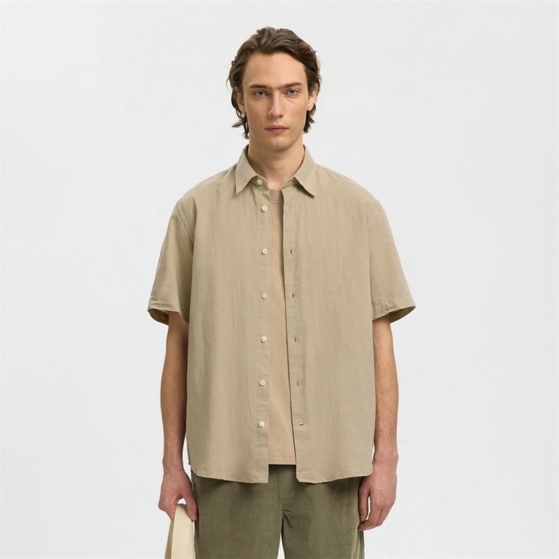 Selected Mens Claus Clay Short Sleeve Linen Blend Shirt Pure Cashmere
