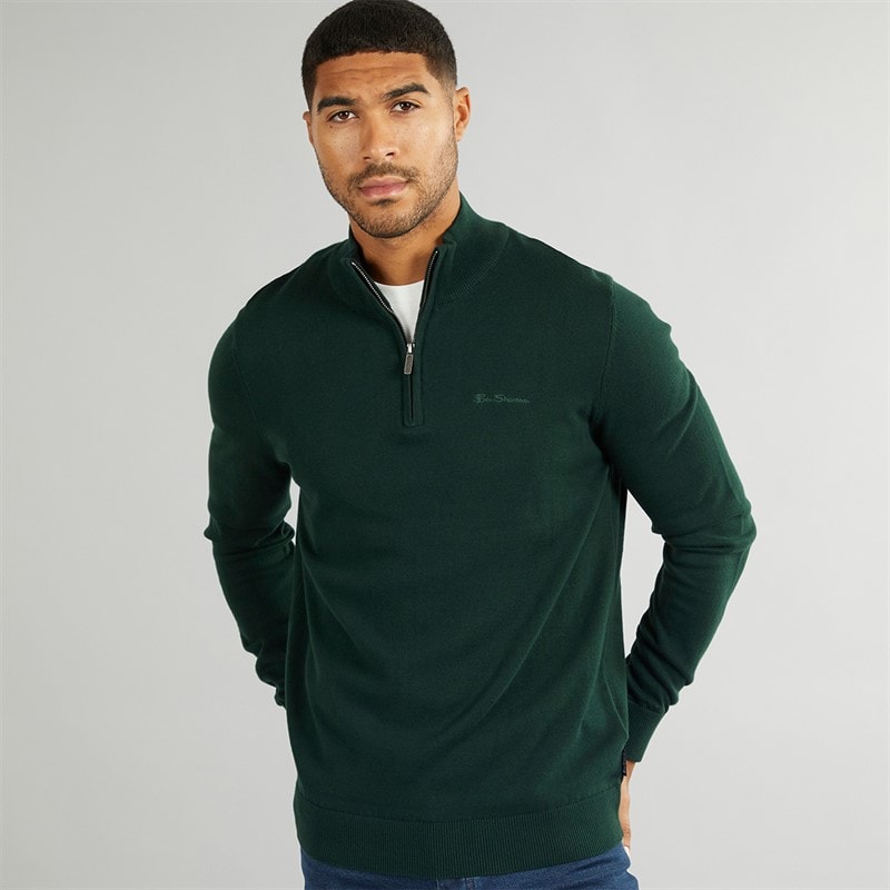 Ben Sherman Mens 1/4 Zip Funnel Neck Jumper Dark Green
