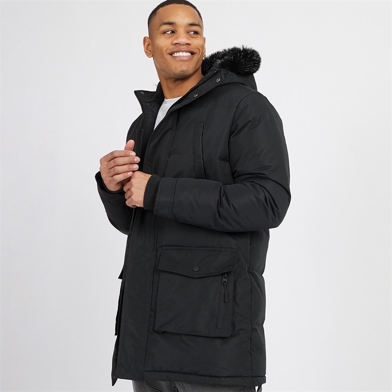 Brave Soul Mens Jethrow Tech Long Length Parka Black