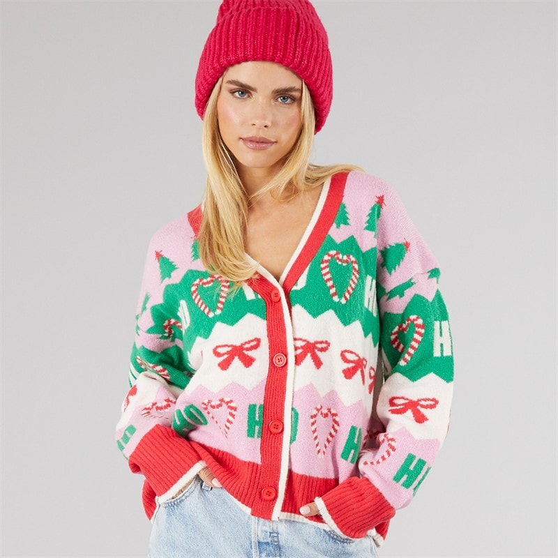 Brave Soul Womens Christmas Joy Jacquard Cardigan Multi