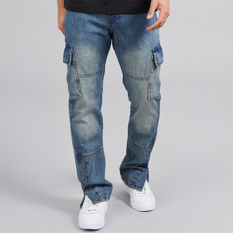 Brave Soul Mens Station Loose Fit Cargo Jeans Mid Blue