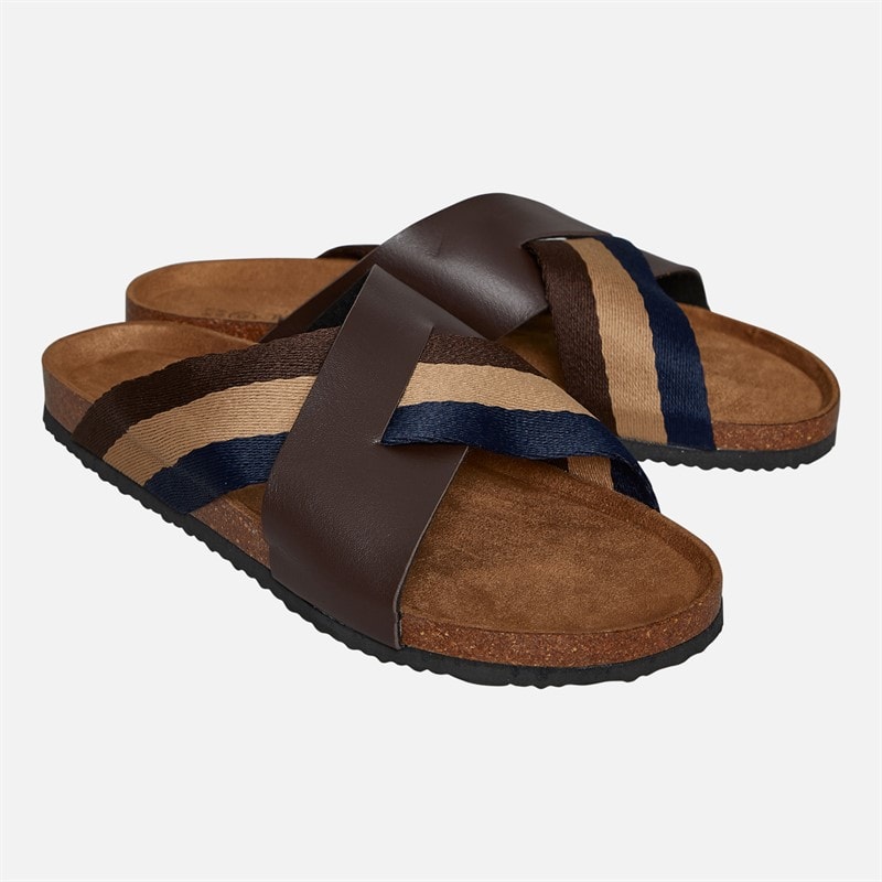 Brave Soul Mens Marvin Cross Strap Sandals Brown/Navy/Sand