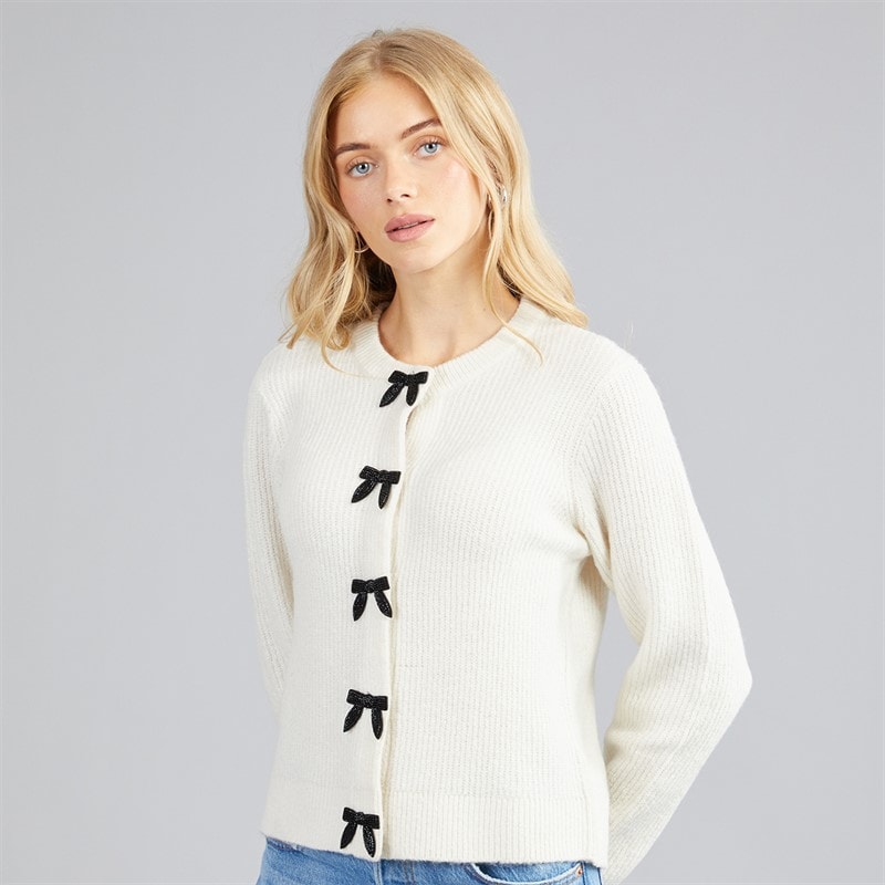 Brave Soul Womens Akly Sequin Bow Cardigan Ivory