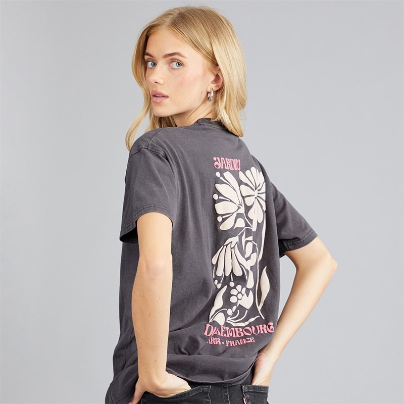 Brave Soul Womens Luxe Printed T-Shirt Grey Acid Wash/Pink