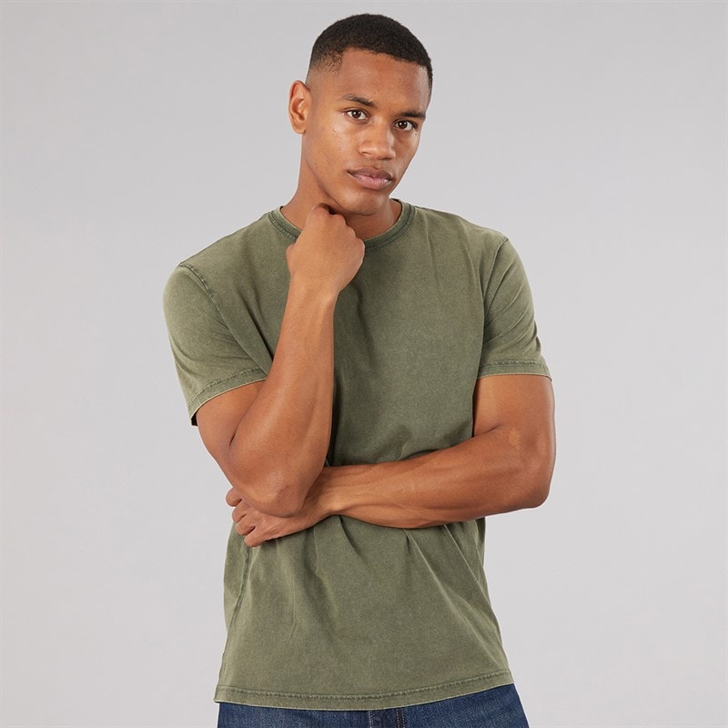 Brave Soul Mens Tessiere Acid Wash T-Shirt Khaki Acid Wash