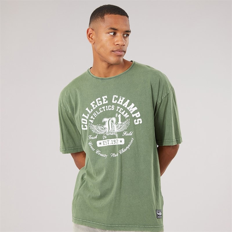 Brave Soul Mens Elsdon Relaxed Fit Crew Neck T-Shirt Dark Green Acid Wash