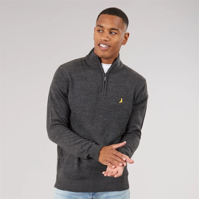 Brave Soul Mens Bremner Quarter Zip Funnel Neck Sweater Dark Charcoal Marl/Jet Black