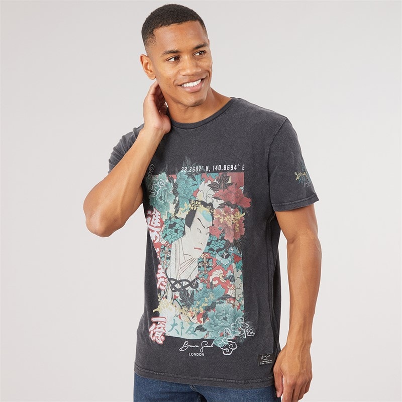 Brave Soul Mens Oshima Crew Neck Short Sleeve Printed T-Shirt Jet Black Acid Wash/Multi Colour Print