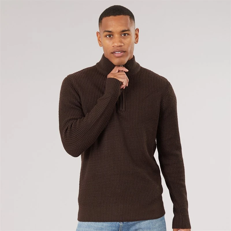 Brave Soul Mens Gotham Ribbed 1/4 Zip Jumper Bitter Chocolate