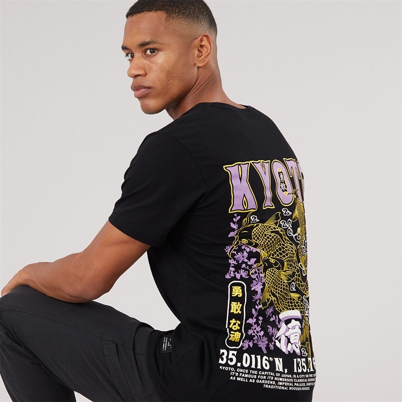 Brave Soul Mens Hasedara Crew Neck Short Sleeve T-Shirt Jet Black/Multi Colour Print