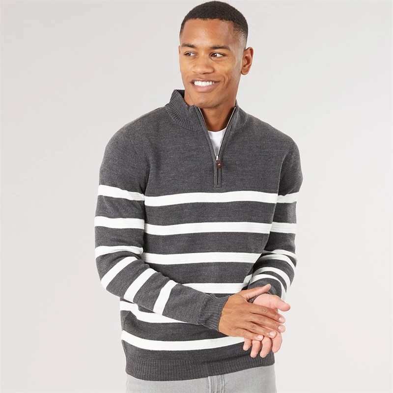 Brave Soul Mens Heathric Knitted 1/4 Zip Jumper Charcoal Marl/Ecru