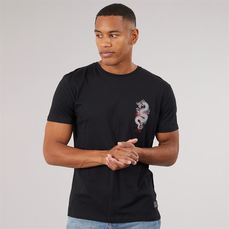 Brave Soul Mens Aichi Crew Neck Short Sleeve T-Shirt Jet Black/Multi Colour Print