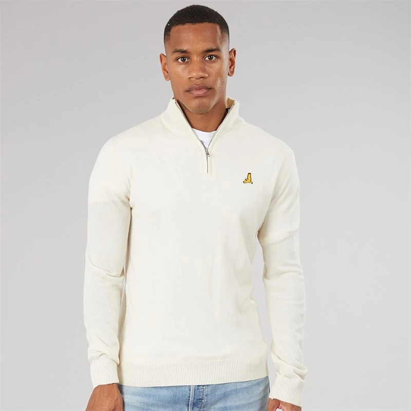 Brave Soul Mens Bremner Quarter Zip Funnel Neck Sweater Vintage White/Silver Grey