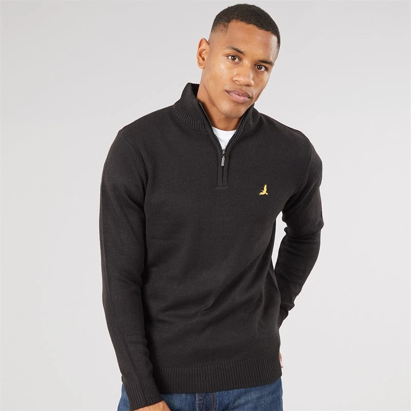 Brave Soul Mens Bremner Quarter Zip Funnel Neck Sweater Jet Black/Dark Charcoal Marl