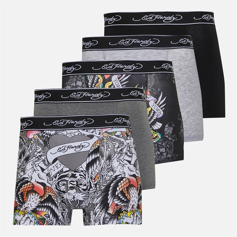 Ed Hardy Mens Harrop Five Pack Boxer Shorts Black AOP/Grey Marl/Black/White AOP/Charcoal Marl