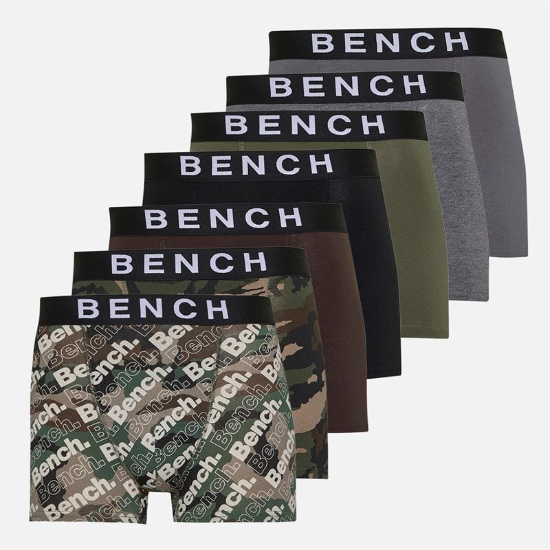 Bench Mens Seven Pack Jacquard Waistband Bamboo Boxer Shorts Camo AOP/Charcoal Marl/Khaki/Camo AOP/Steel Grey/Ground Coffee/Black